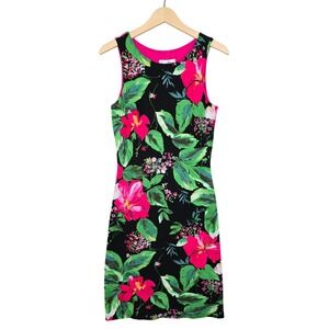 Vintage Joseph Ribkoff Dress Tropical Floral Hibiscus Print Pink Black Midi S